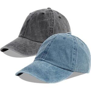 Unisex Black + Denim Blue Baseball Cap Cotton Fits Washed Denim Adjustable Hat